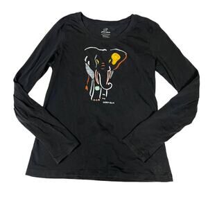 Ivory Ella‎ T-Shirt Black Elephant Graphic Long Sleeve Tee Crew Neck Womens XS